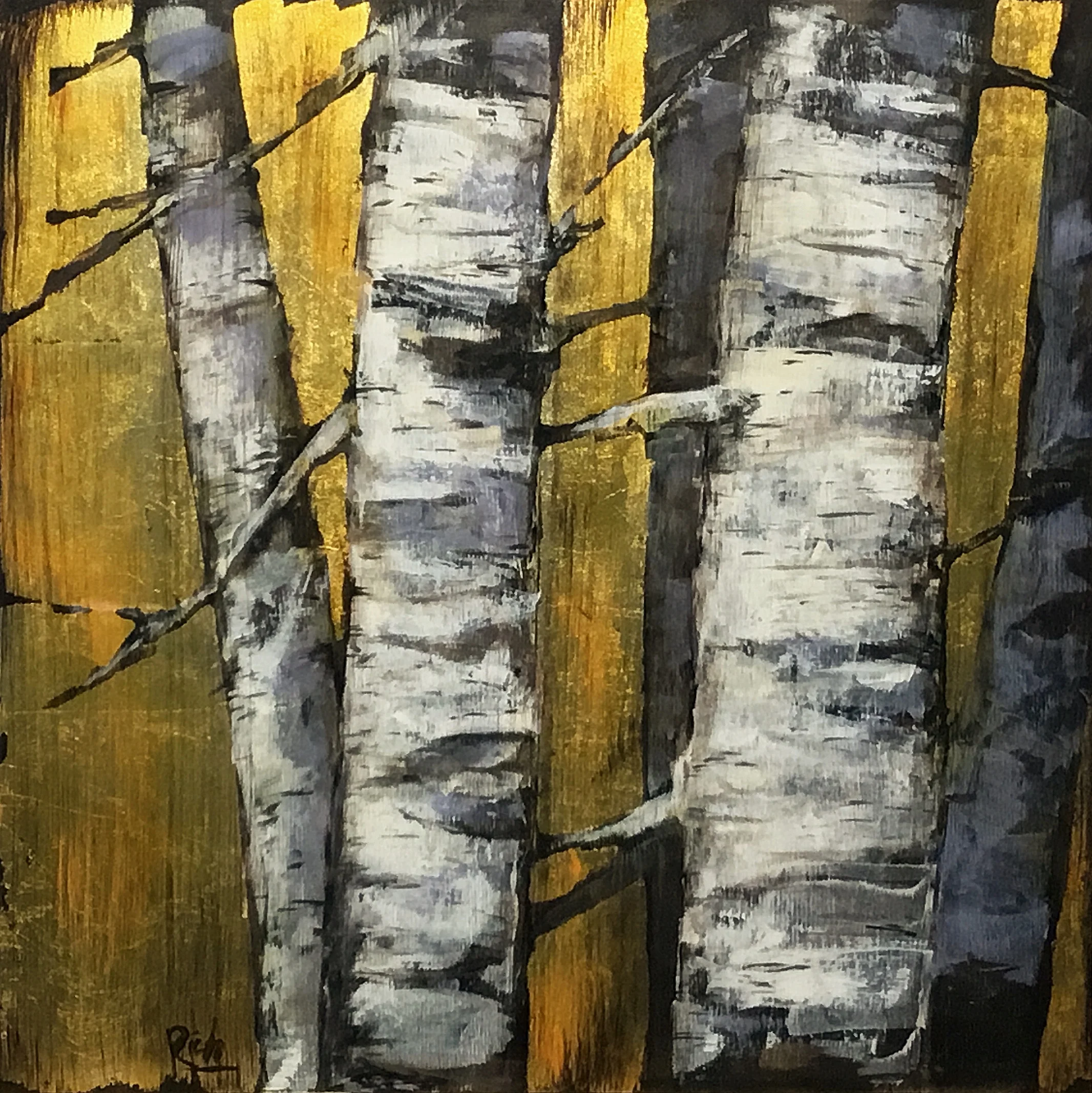 Birch detail Acrylic and gold leaf on birch ply 15x15