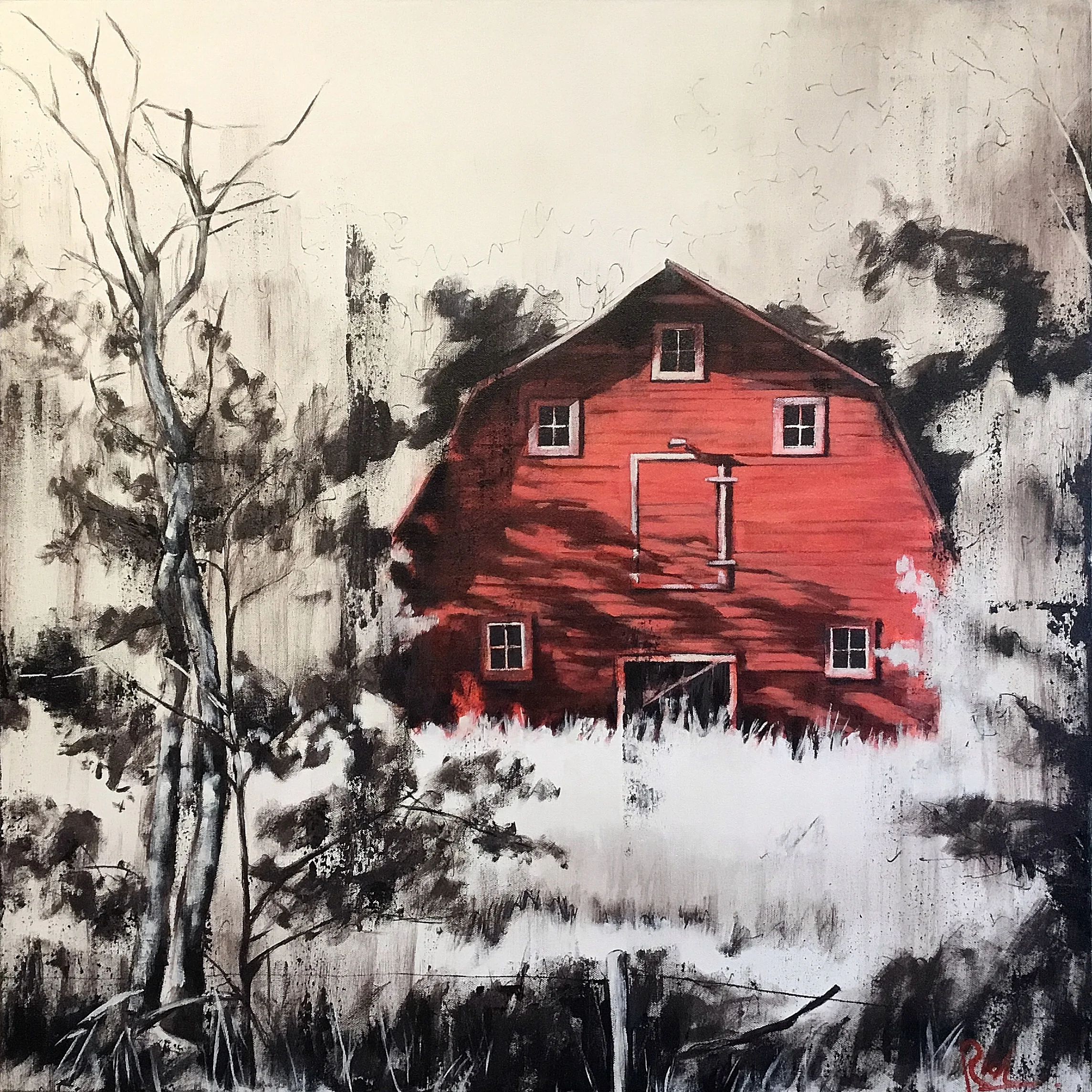 Red barn, minimal Acrylic on canvas 30x30