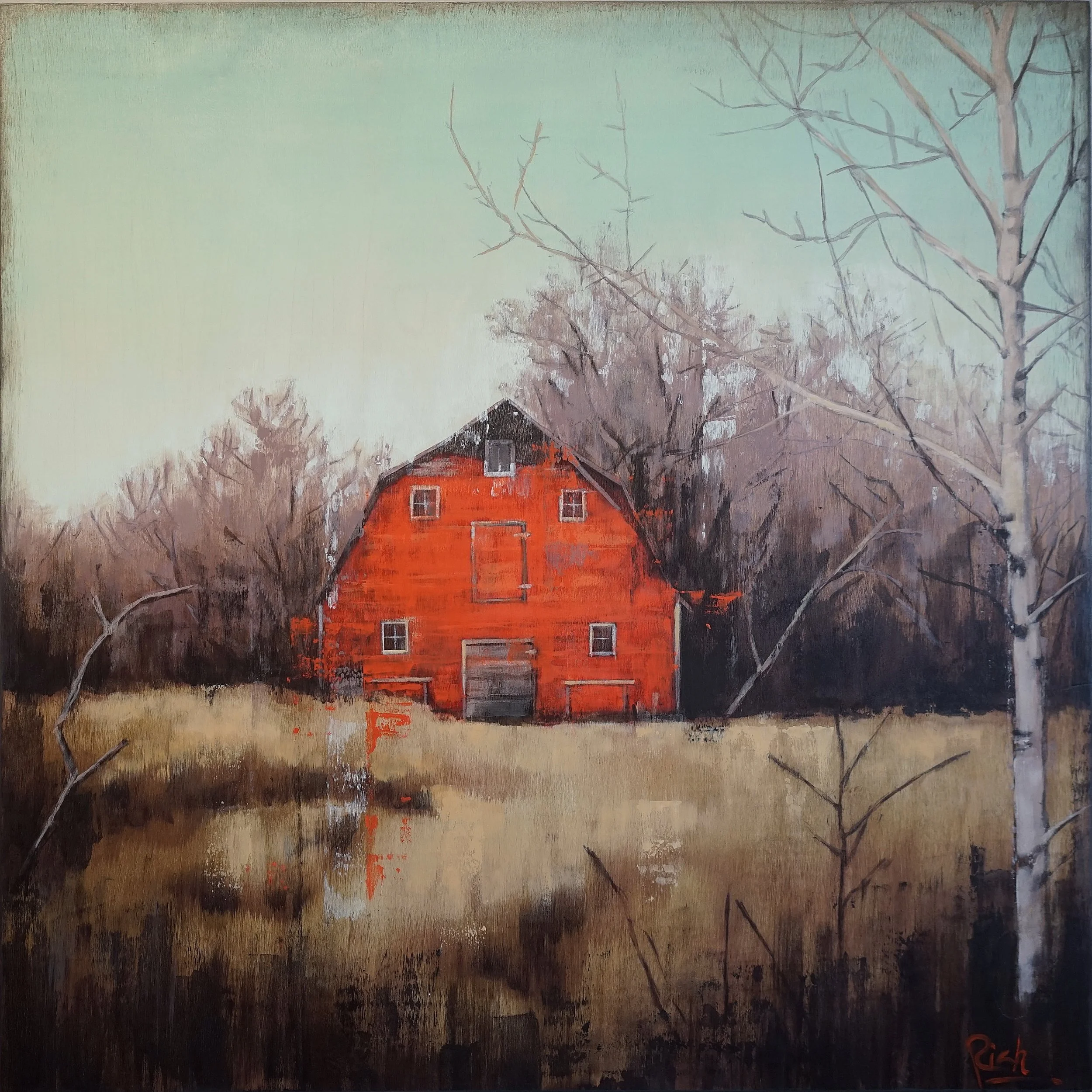 Autumn farm Acrylic on birch panel 30x30