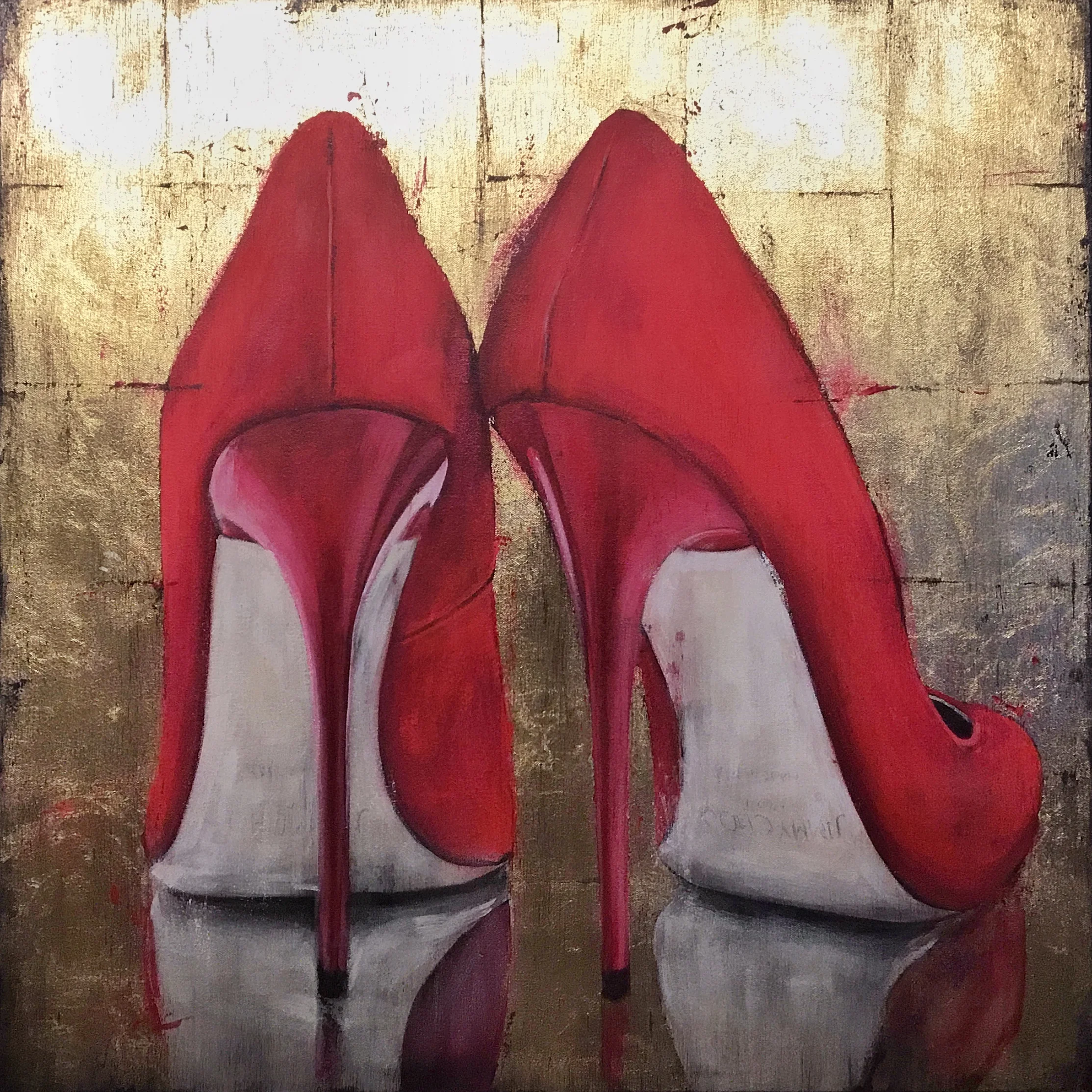 Red choo’s Acrylic and gold leaf on canvas 30x30