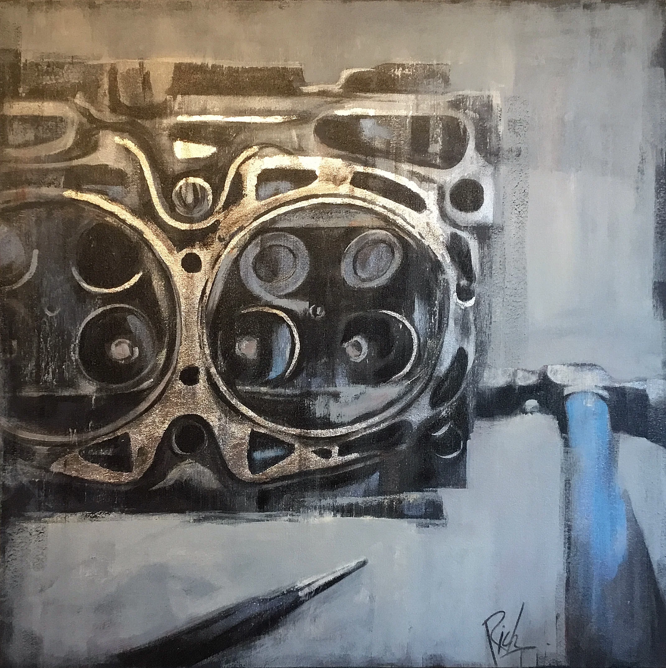 Cylider head Acrylic and silver leaf on canvas 30x30