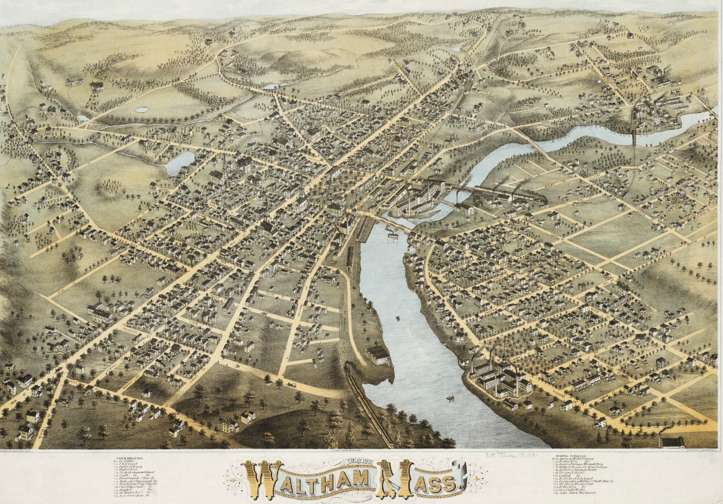 A map of the city of Waltham, MA circa 1877