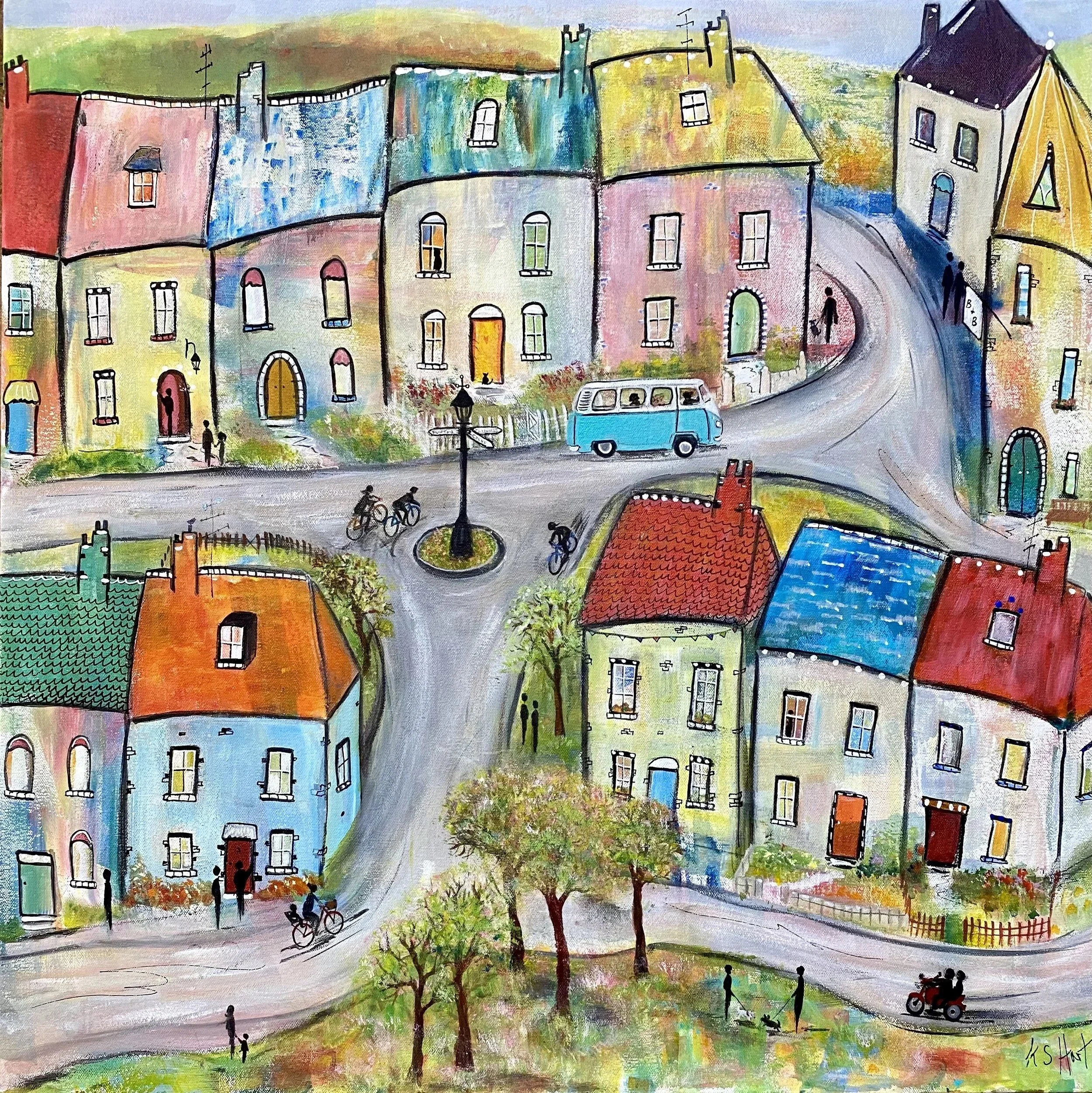 Every Place We Go, acrylic on canvas. A village street curving around a roundabout, with a turquoise campervan, cyclists and bare autumn trees.