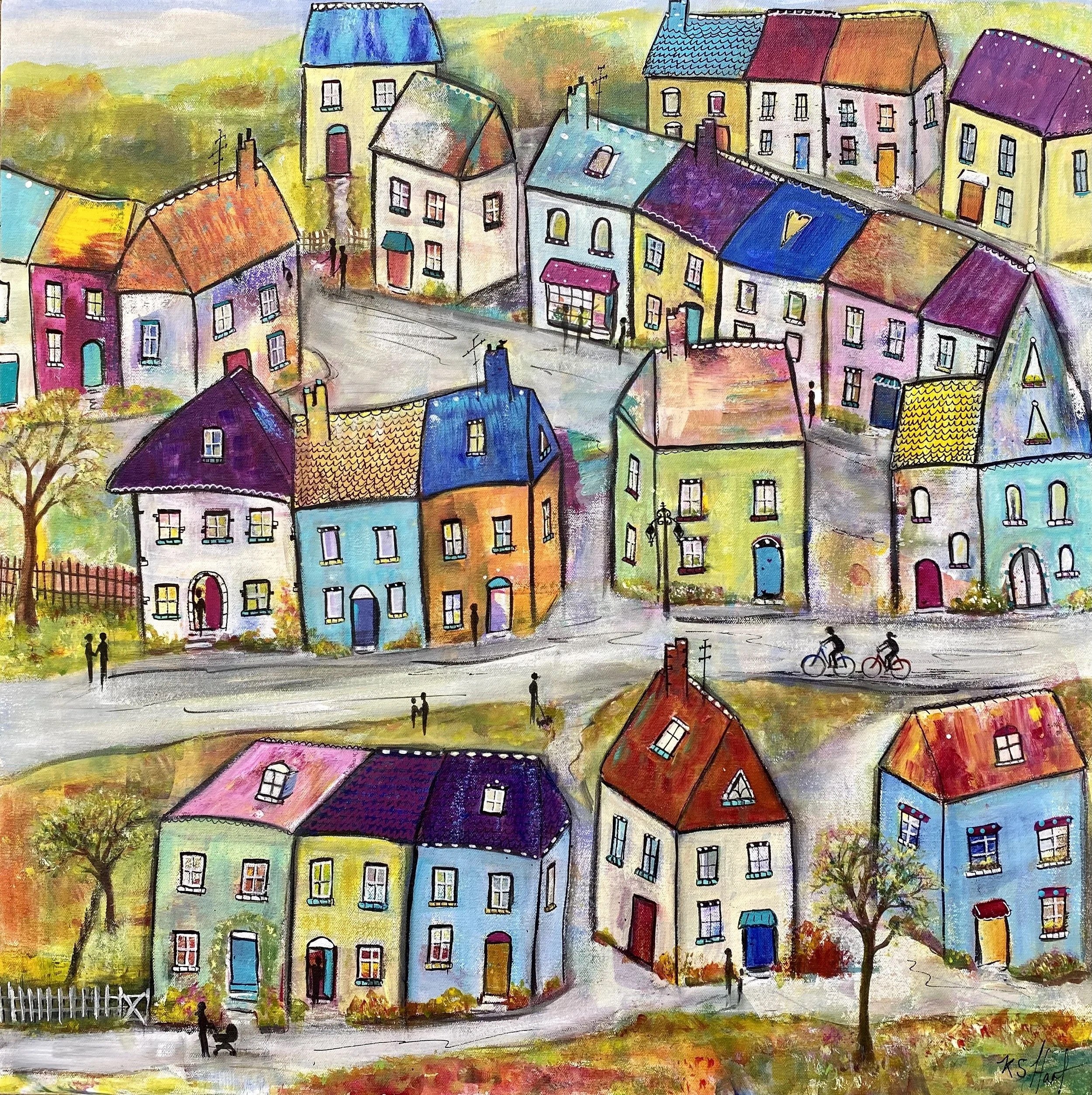 Race You Home, acrylic on canvas. A hillside of pastel houses with steep roofs, bare trees and two cyclists on the road below.