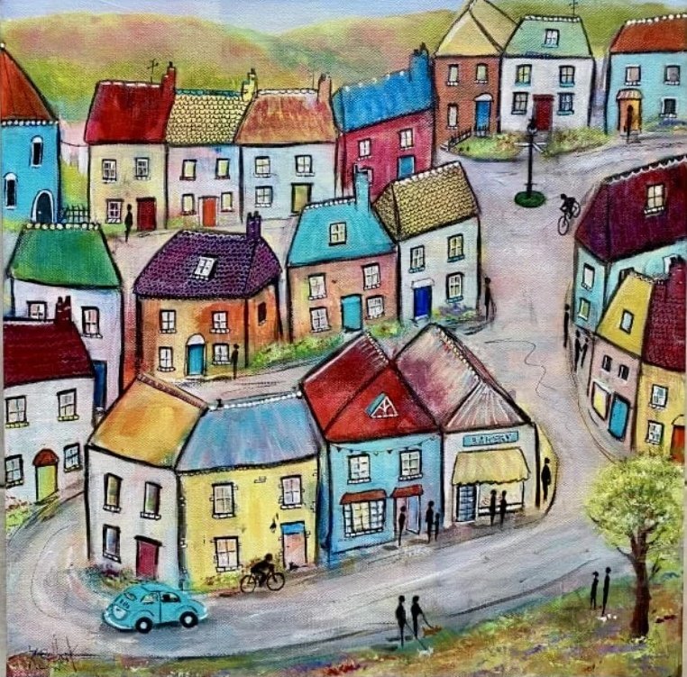 Sunday Morning Walk, acrylic on canvas. A village of pale houses with red and blue roofs around a bend in the road, with a blue car, cyclists and two figures walking.