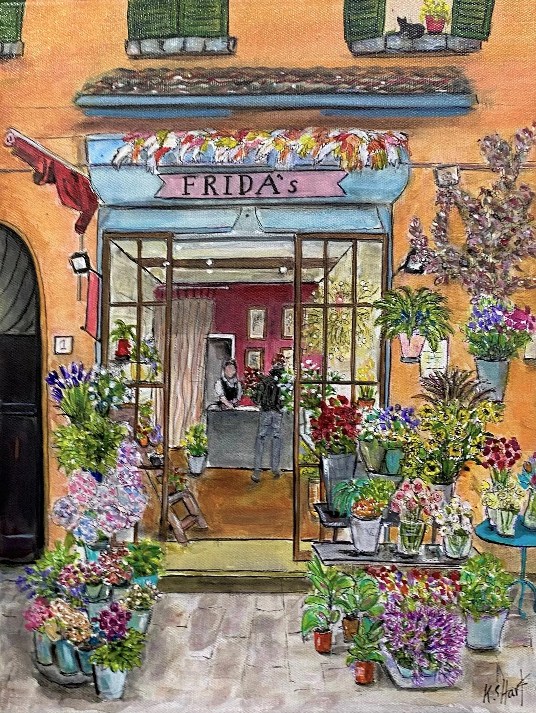 The Best Little Florist in Bologna, acrylic on canvas. The open front of Frida's flower shop against an orange wall, its awning and pavement crowded with bunches of flowers and potted plants.