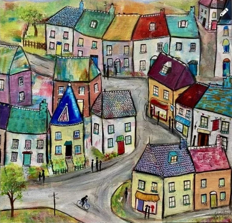 Quiet Village Life, acrylic on canvas. A hillside village of pastel houses with patterned roofs around a curving road, with trees and a cyclist.