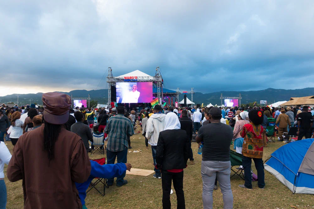 The crowd at 8 am on Sunday morning. Sanchez on stage.