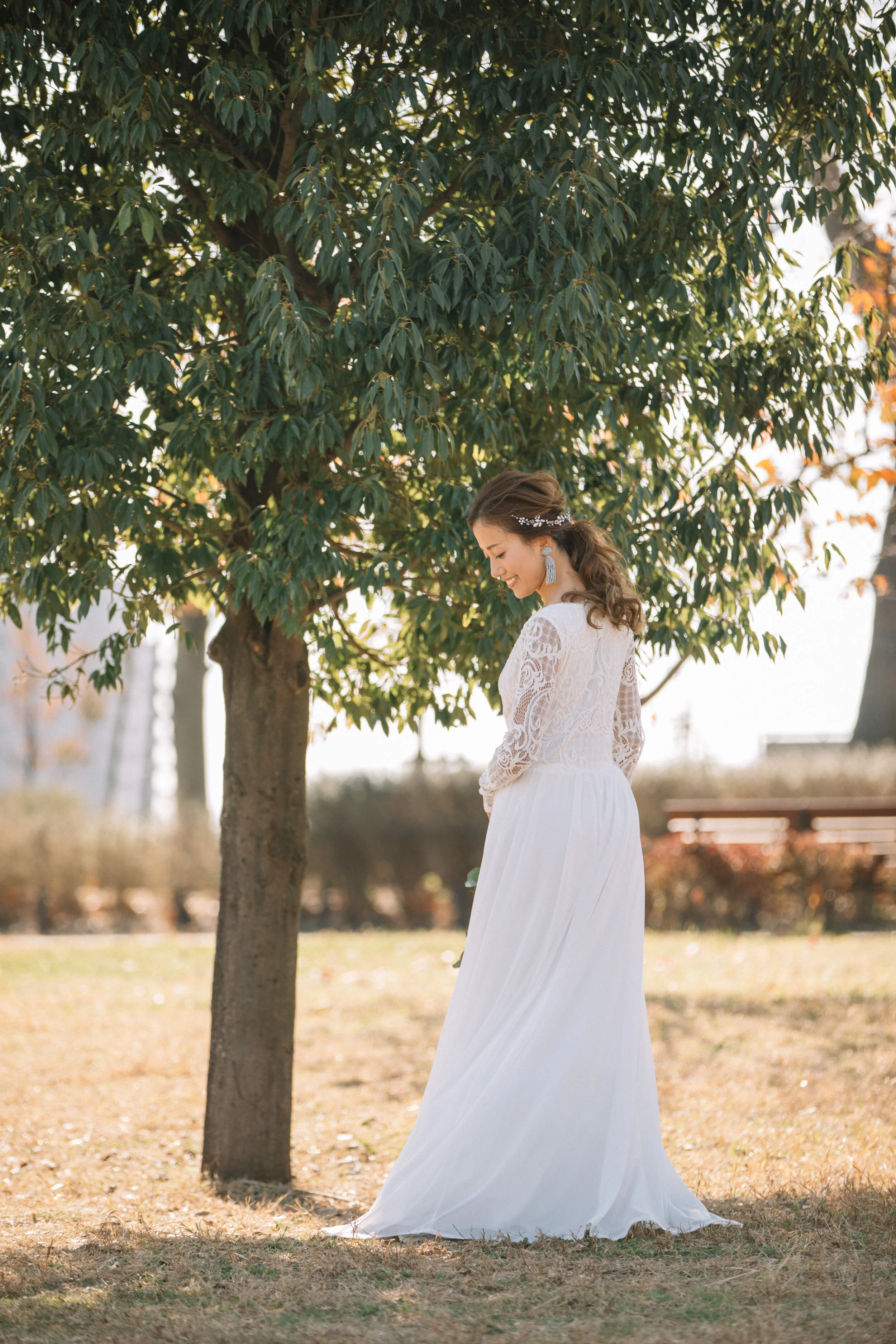 Blush V Neck Long sleeves Wedding dress