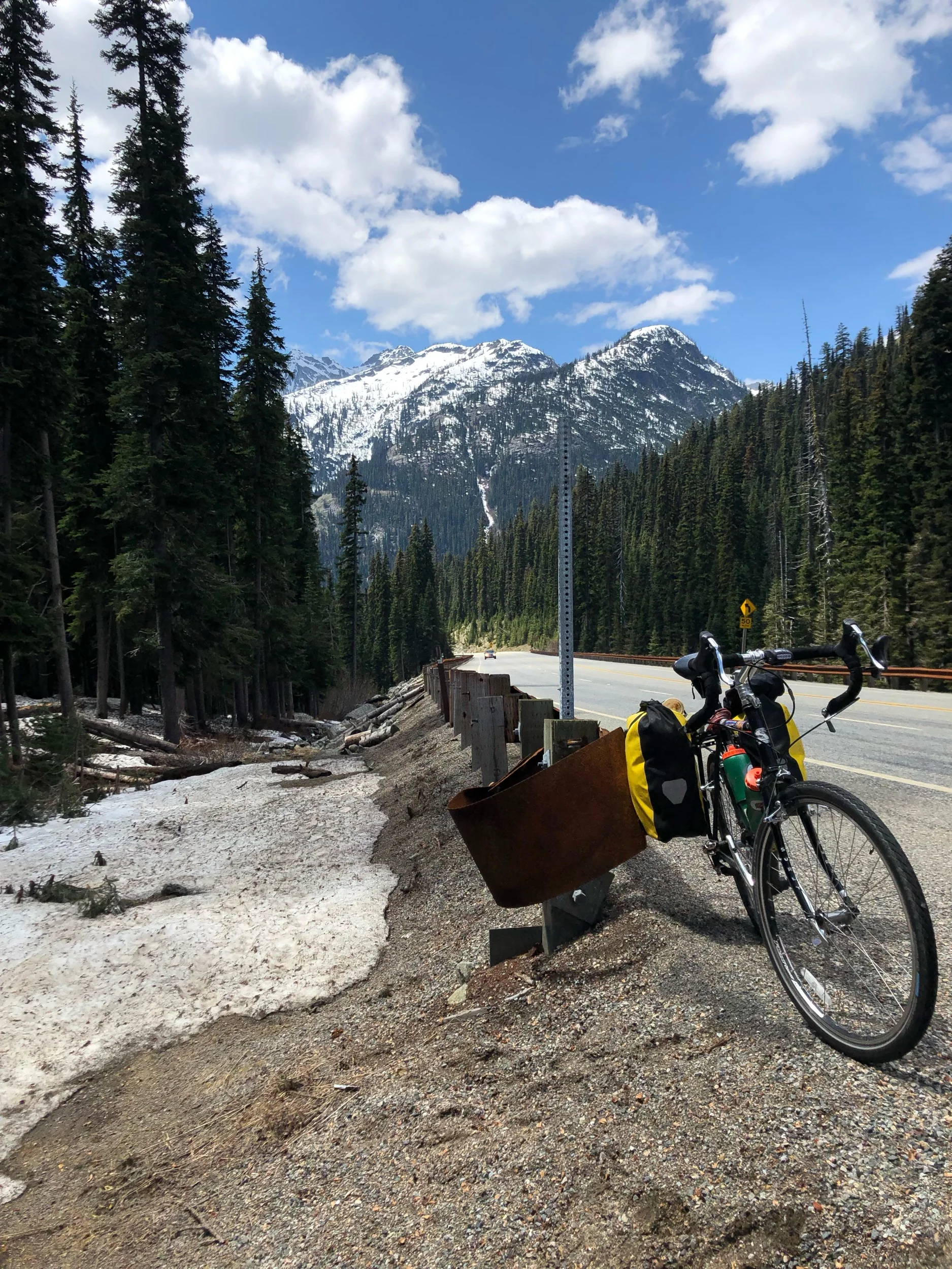 A few days ago we were at sea level. Now we are high enough to have snow on the ground in late May.