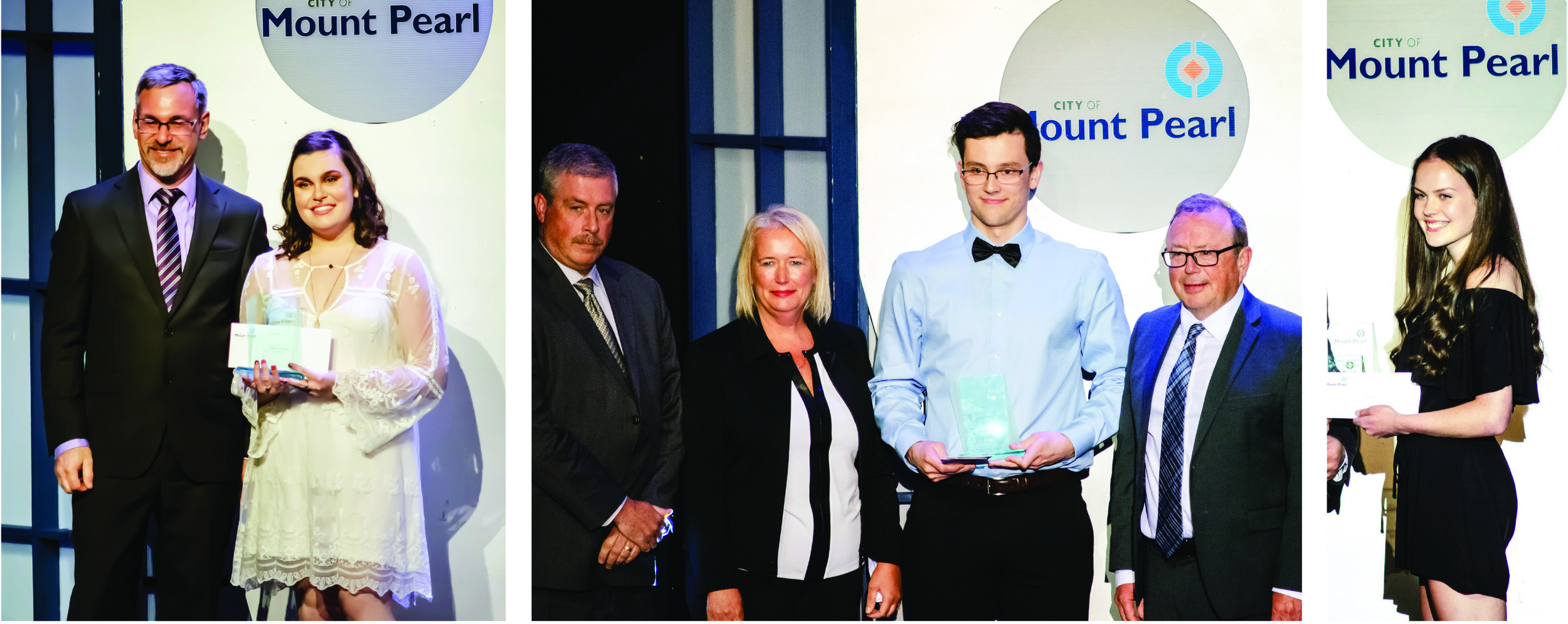 Literary Arts Award winner Erin Burke, in photo at left, accepts her award from Dr. Henrik DeZeeuw; while in centre photo, Male Youth of the Year Andrew Pitts is joined on stage by Bill Rossiter, Dana Thompson and Mayor Dave Aker; Right photo is Female Athlete of the Year Camryn Bonia.