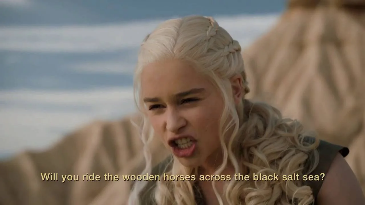 This speech convincing the Dothraki to overcome their historic fear of the sea was ON TOP OF A DRAGON, btw.