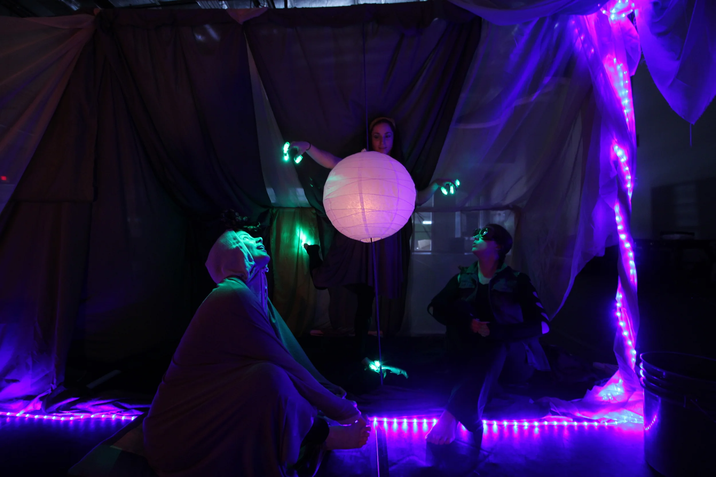 Kate Ducey, Katy Taylor, and Briana Bower in Fireflies workshop, ZACH Theatre, 2015. 