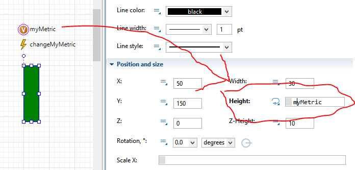Make the green rectangle change its height when "myMetric" changes.