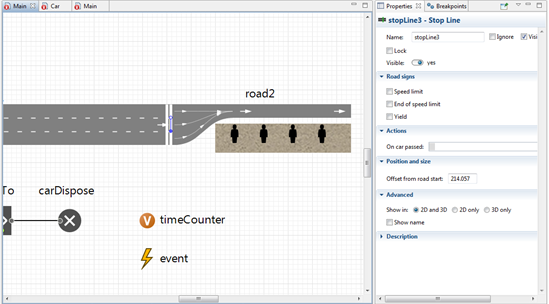 Figure 3: Stop lines, the event and variable used for manual traffic light