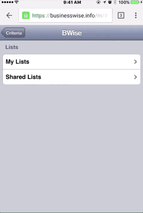 ...then select "My Lists" to display lists you've created in the BWise web app.
