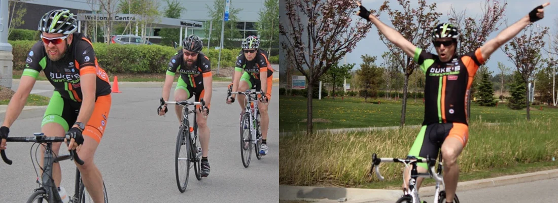Big Steve Hart and Rob MacEwen form the lead-out train for Crit-Specialist, Rick Froner. Timed to perfection, the result was a WIN for Rick.