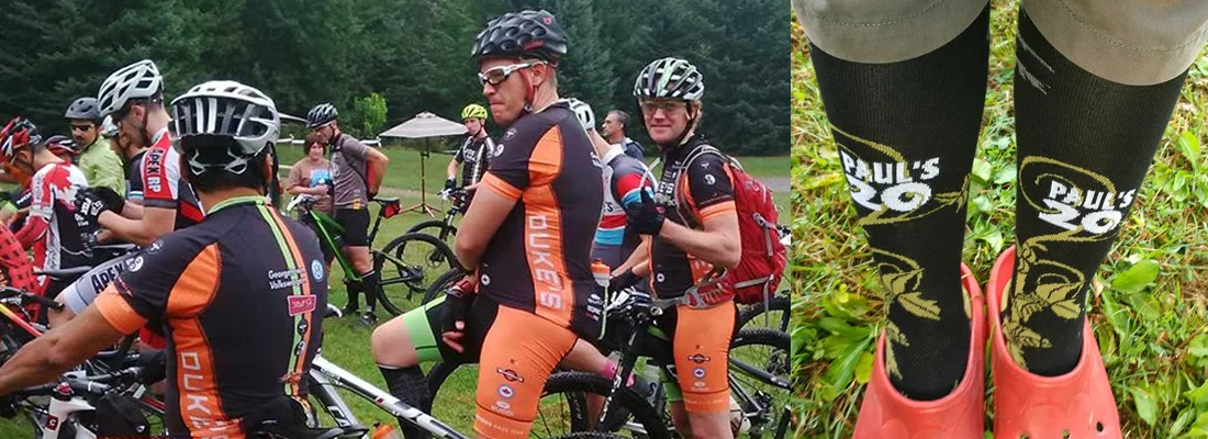 Alex, Barry and Bevin, prior to Paul's Dirty Enduro. Andrea models some fashionable socks. 