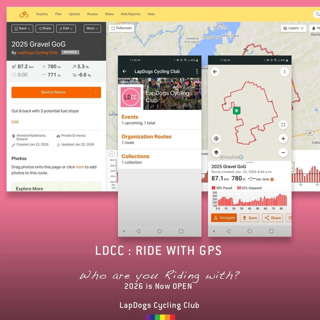 NEW for 2026 Members.... our LDCC : Ride with GPS account. 
&bull;
Your club membership now includes access to the LapDogs Ride with GPS account. Here you will find a resource of "LDCC Approved" routes for Road, Gravel/Multisurface and MTB.