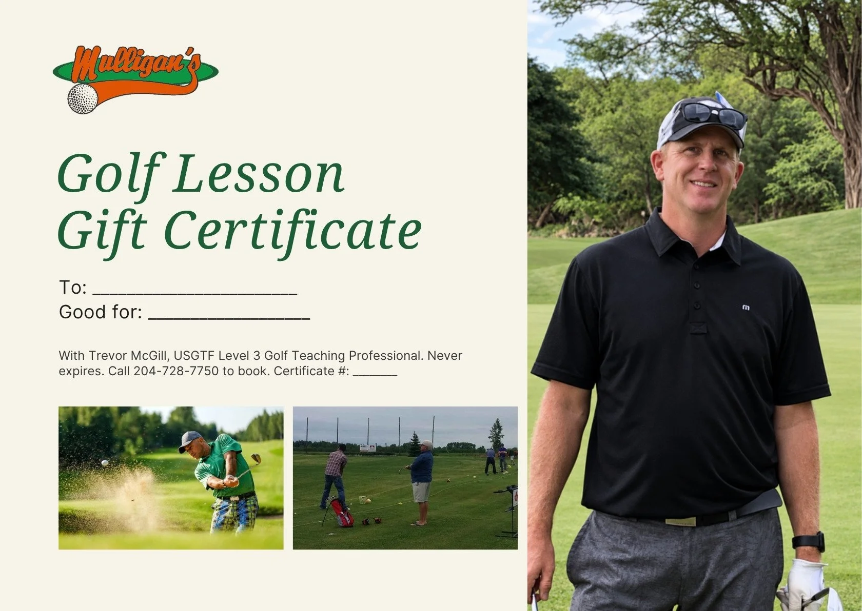 Golf lesson gift certificate with Trevor McGill, USGTF Level 3 golf pro at Mulligan's