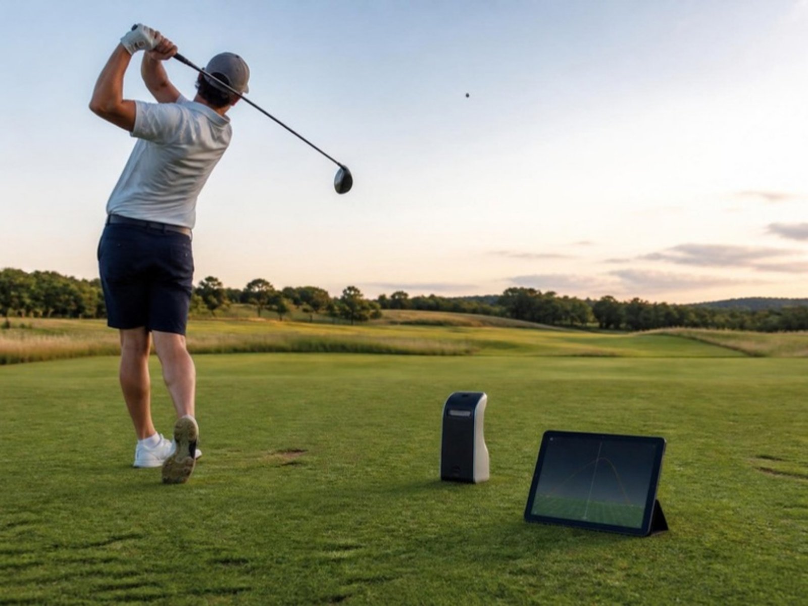 Golfer hitting a driver beside a launch monitor during a custom club fitting