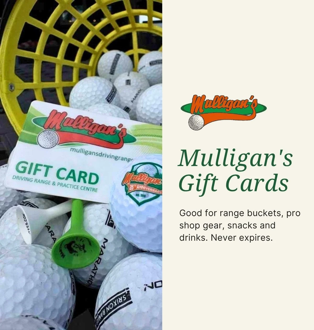 Mulligan's gift card in a bucket of range balls with a green tee