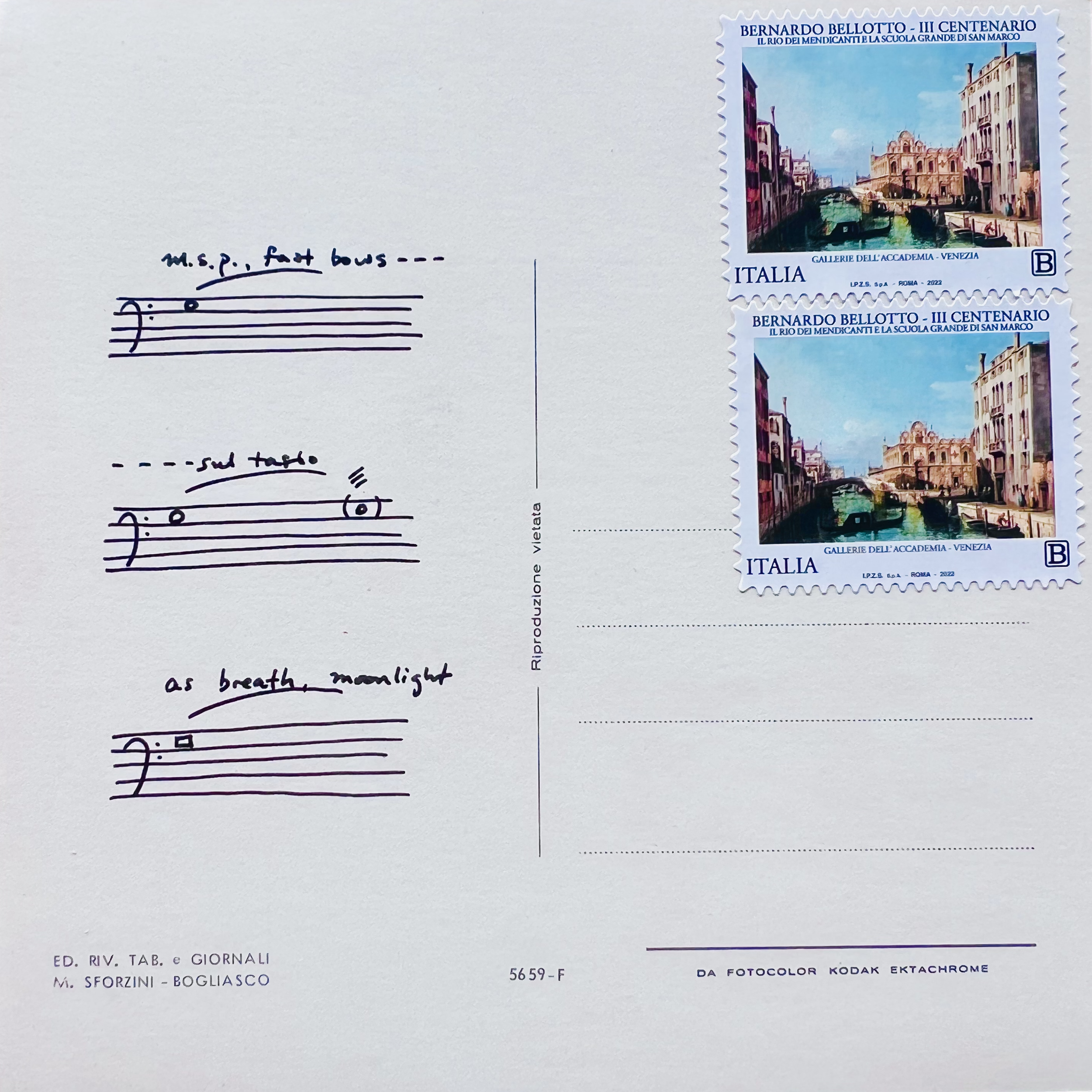 the back of a postcard containing music notation, stamped with two international stamps from Italy