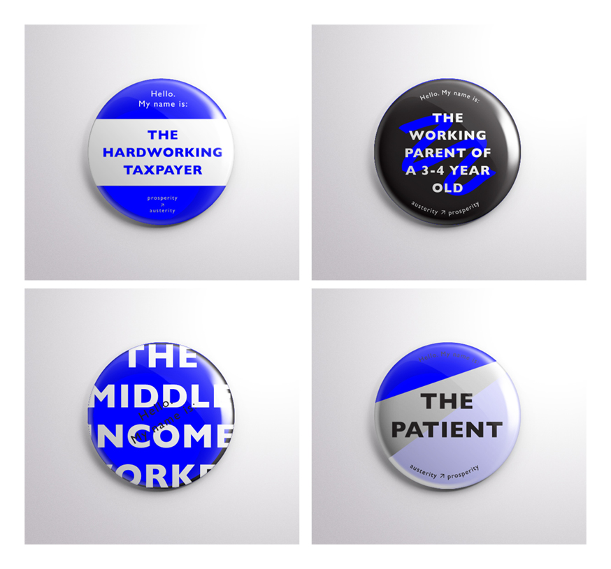 Design drafts for austerity name badges. Available at RCA show 23rd June - 5th July