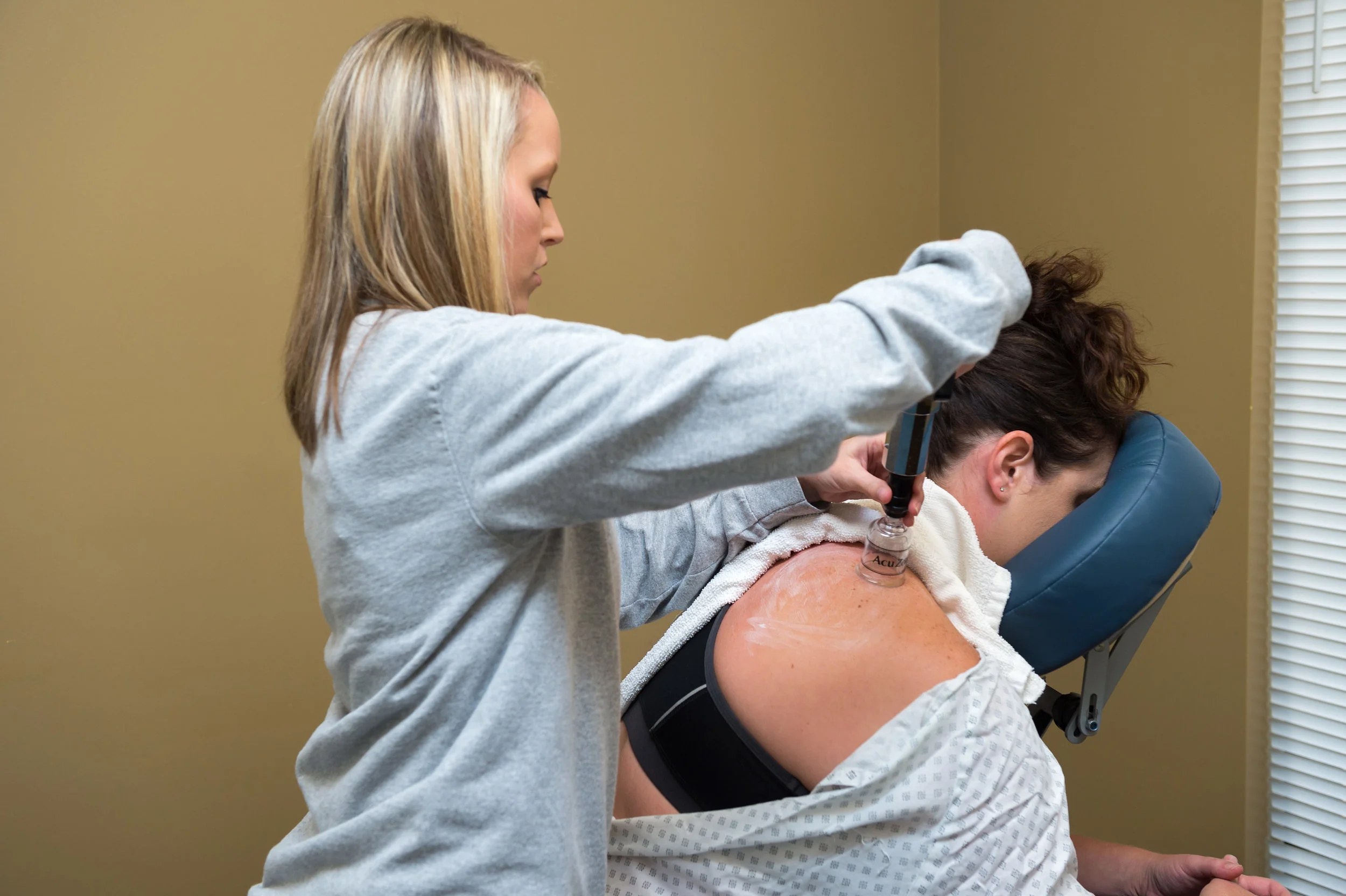 Toni demonstrates a myofascial release technique called cupping, which is used to decrease pain by increasing healing in soft tissue and eliminating trigger points in painful muscles.