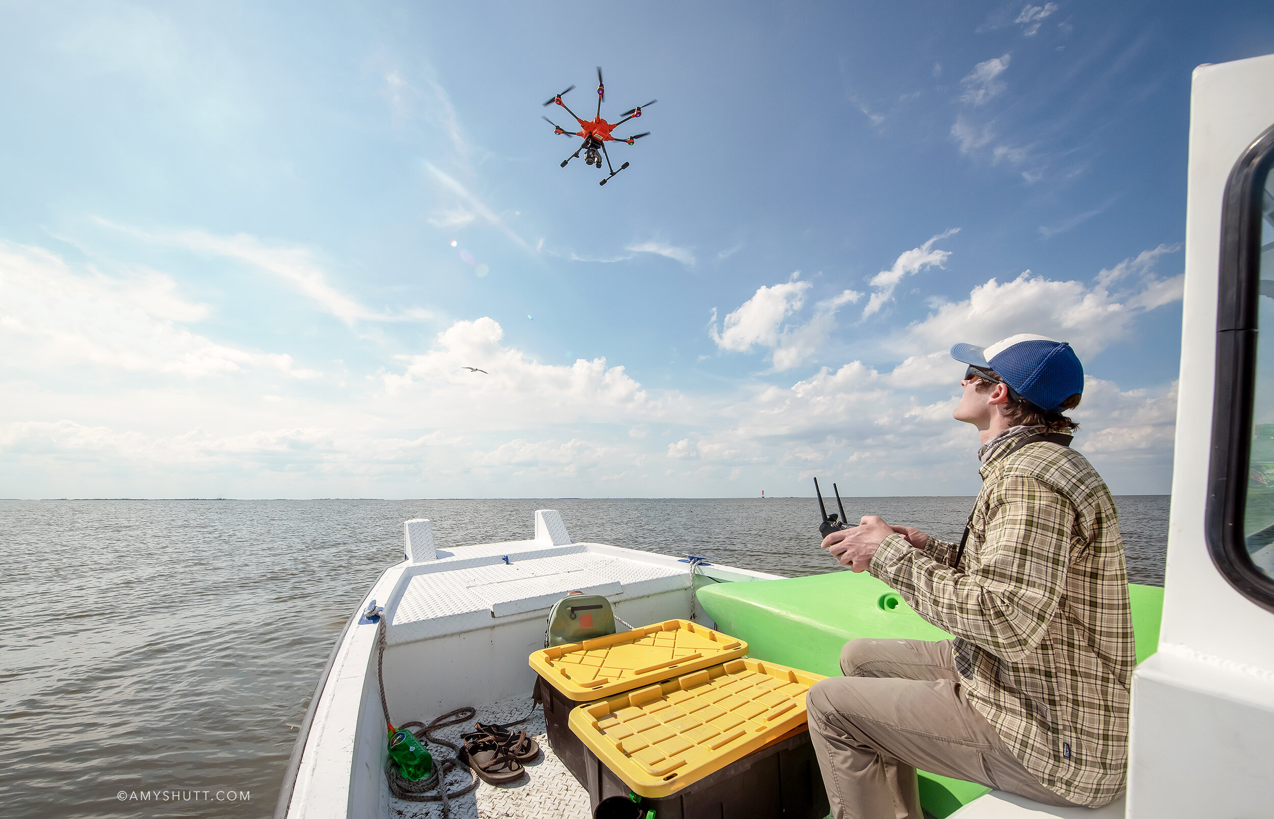 J. Mason Harris of University of Lafayette flies a thermal camera drone over Felicity Island. Drone footage could one day act as the tool to help count the birds non-invasively on fragile barrier islands. Read more about this effort HERE.