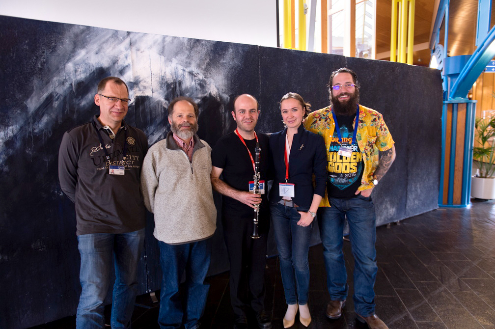 From left: Johannes Benkhoff, Rosetta Project Scientist, ESA Joe Zender, BepiColombo Deputy Project Scientist, ESA Lee Mottram, clarinetist collaborator, Wales, UK Ekaterina Smirnova, artist, New York, USA Matt Taylor, Rosetta Project Scientist, ESA