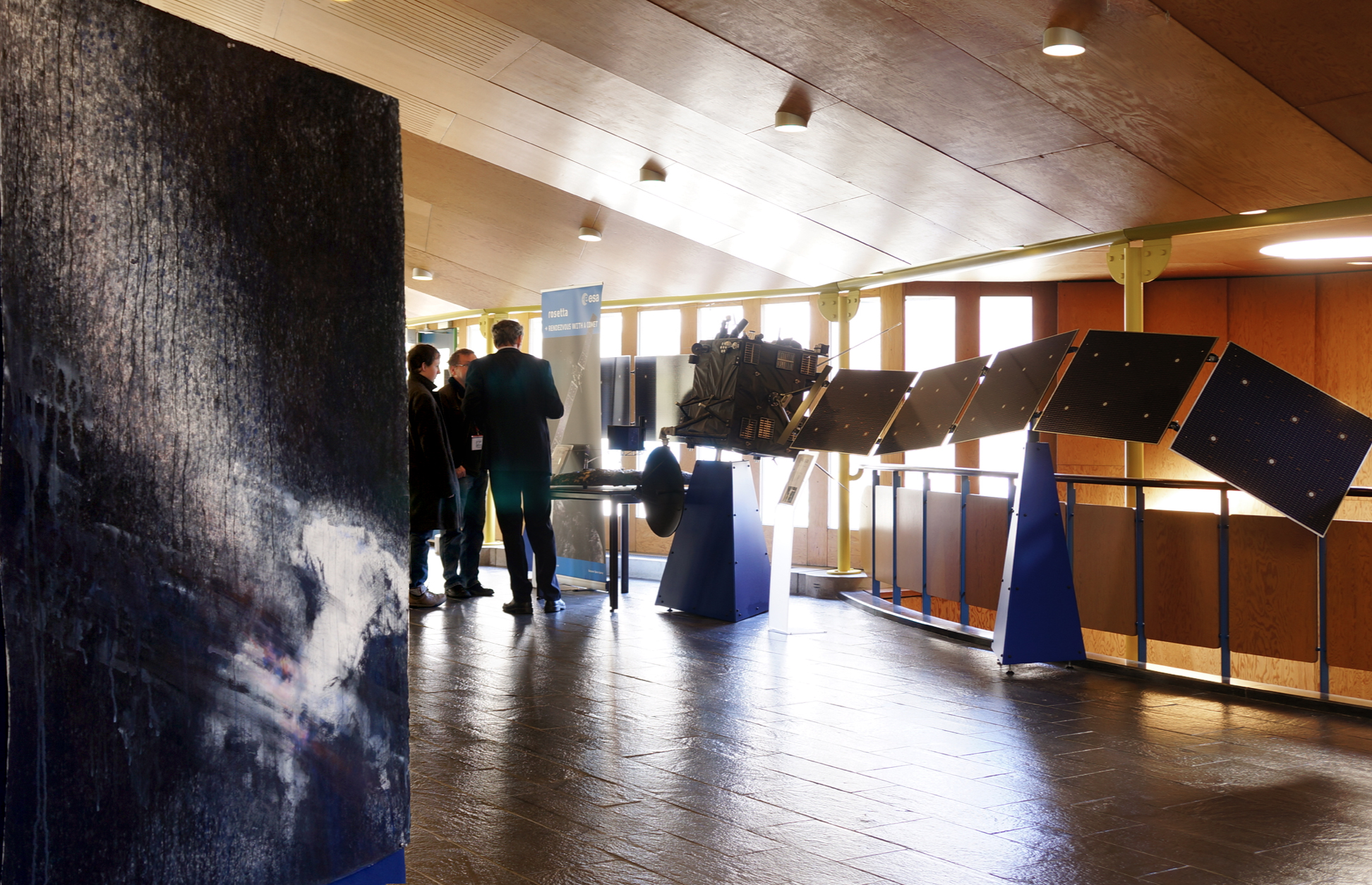 Solo show at ESA. "67P I" painting next to the Rosetta spacecraft model.