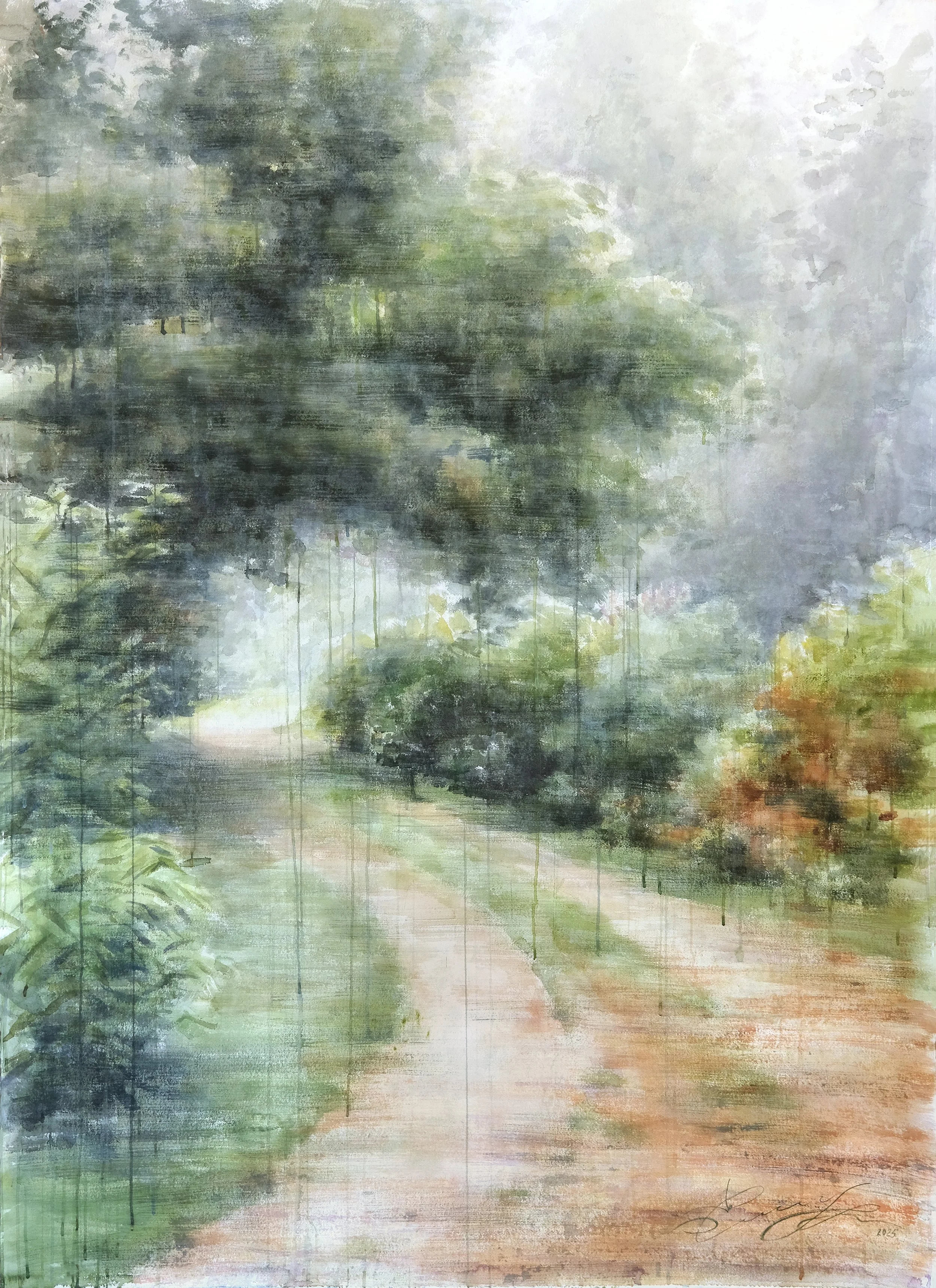   My Secret World II . Watercolor on paper. 70”x52”  Throughout my artistic practice, nature has been my touchstone and refuge. I am drawn to misty, rainy, fog-covered, and snowy landscapes—places where the atmosphere softens the world and quiets the