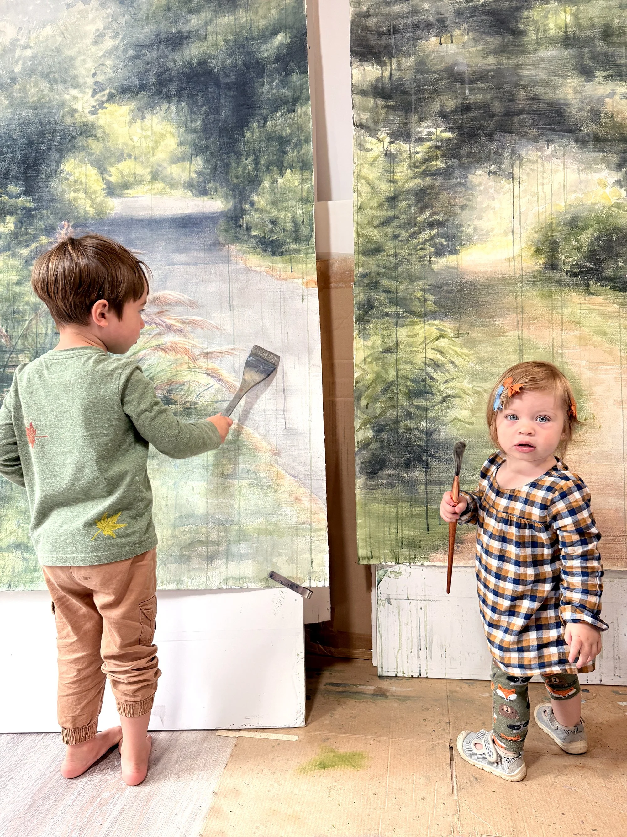  After taking a long four-year break to bring new life into this world, I am finally finding my way back to the art studio. My children follow along and love to “help” me paint, so consider it a special touch if you happen to discover tiny fingerprin