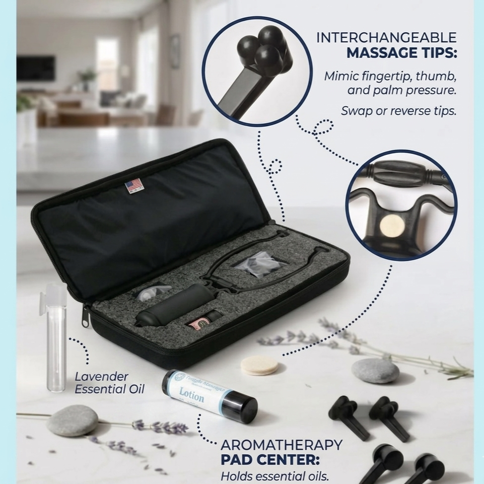 A graphic lifestyle image showing what you get , interchangable massage tips, aromatherapy pad and aromatherapy oil. If you order the one with the case, it comes with a black carrying case