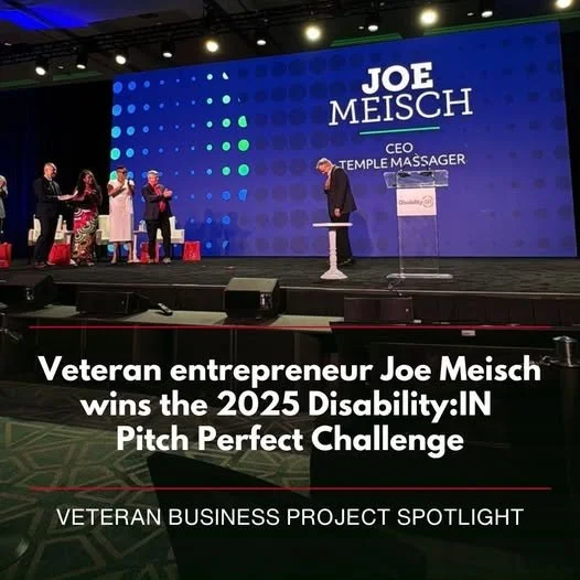 image showing Founder Joe Meish on stage winning the 2025 Disability IN Pitch Perfect Challenge - a Veteran Business Project Spotlightwinning the