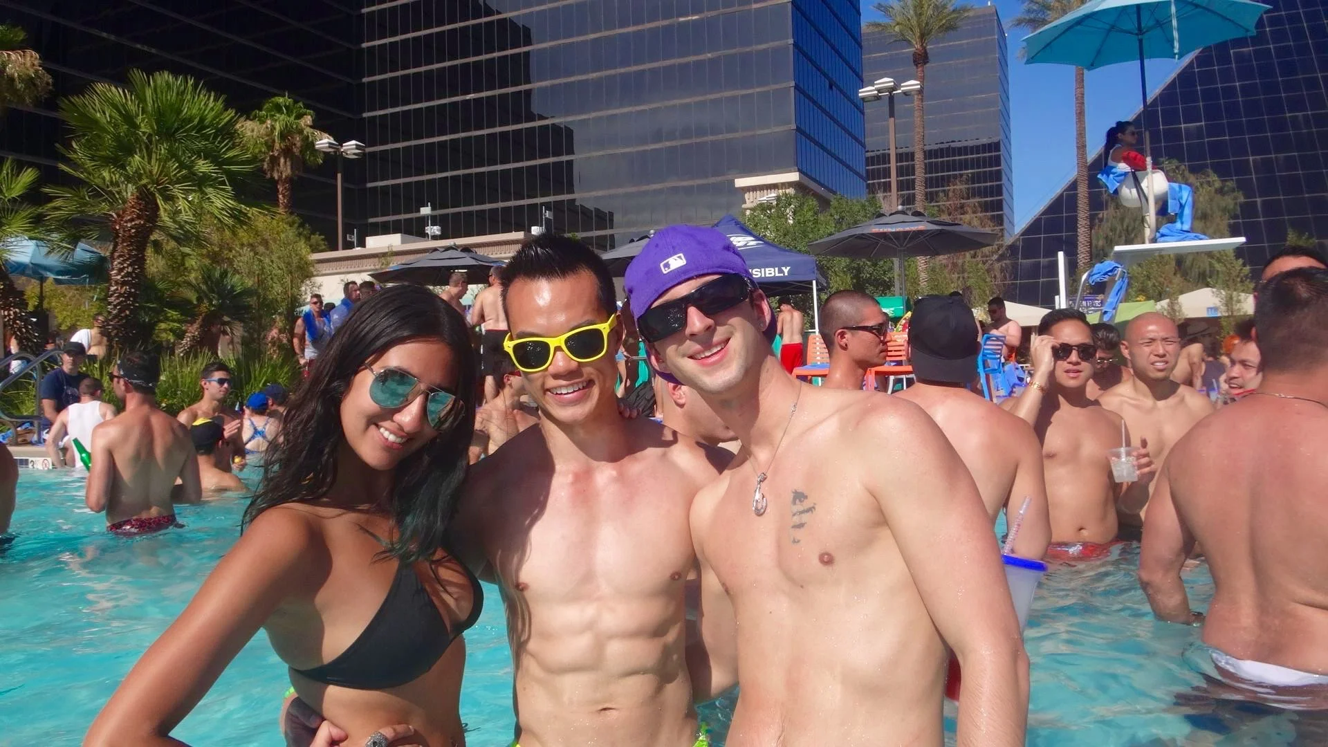 My friends Sim (left) and Sylvain (right) and I at the Luxor hotel's Sunday pool party during EDC weekend. 