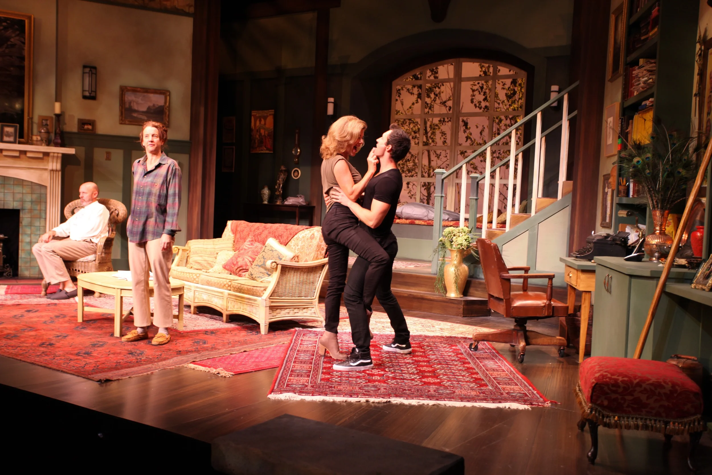 From left to right: Christopher Hunt (Vanya), Lois Anderson (Sonia), Sonja Smits (Masha) and Spike (Stafford Perry). Photo credit: Alberta Theatre Projects