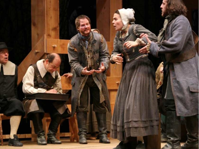 Sine (centre) and Vanessa Sabourin (second from right), are extremely moving as a farm couple torn apart by salem's witch trials. Photo courtesy of Trudie Lee.