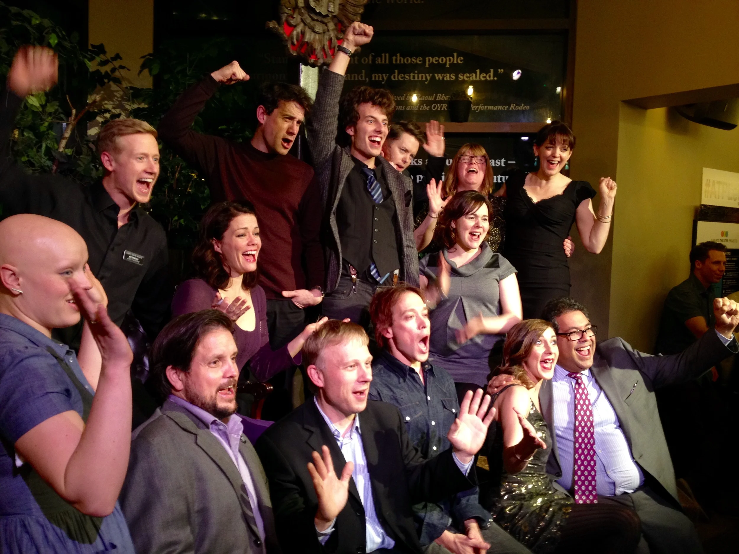 The cast and creative team of Legend Has It celebrates during opening night. can you spot their special guest, Mayor Nenshi? Hint: He's in the front row on the far right!