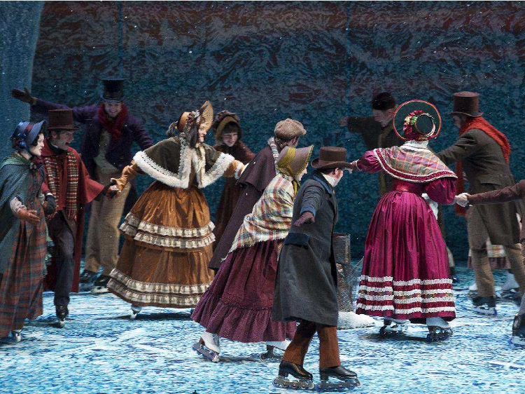 The cast of A Christmas Carol gather together to ice skate in the show's heartwarming ending. Photo courtesy of Jose Soriano. 