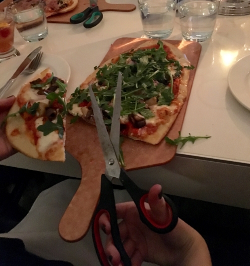 The Veg Out pizza, like all the other pizzas offered at Sassi, comes with scissors for you to cut your slices. 