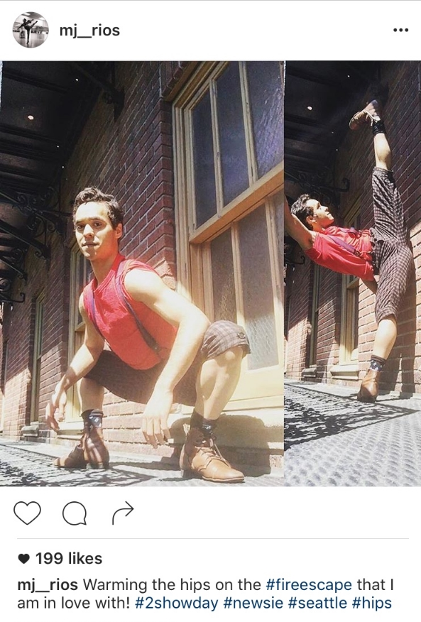 Cast member Michael J. Rios' Instagram pic shows how he warms up before a performance. 