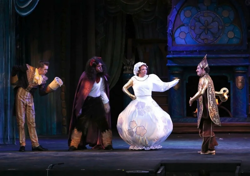 From left to right: Victor Hunter (Lumiere), Peter Monaghan (Beast), Sheryl Anne Wheaton (Mrs. Potts) and Steven Greenfield (Cogsworth). Photo credit: Tim Matheson.