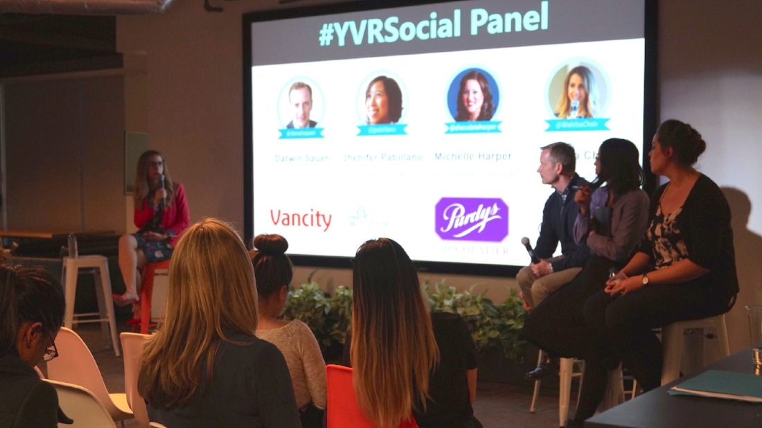 #YVRSocial host Wahiba Chair (far left), with panelists (from left to right) Darwin Sauer, Jhenifer Pabillano and Michelle Harper. Photo credit: Rummana Zahid