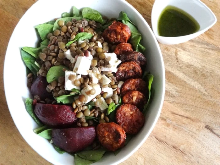 The Chorizo Power Salad: fresh lentils, spinach, gluten free spicy Italian chorizo, feta cheese, toasted sunflower seeds, fennel, beetroot, spinach & honey-dijon-tarragon dressing (red wine vinegar, olive oil, dijon, honey, lemon, tarragon).