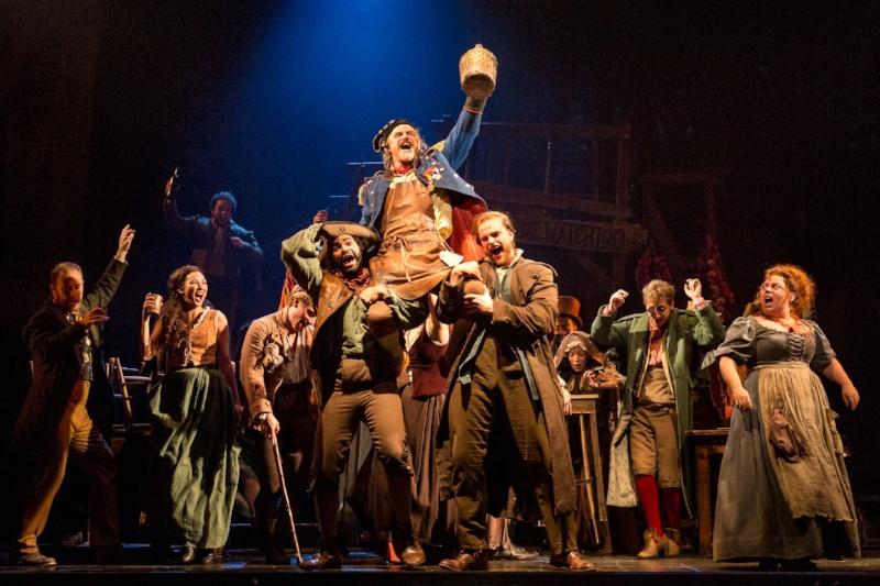 The company of LES MISÉRABLES performs “Master of the House” with J Anthony Crane as ‘Thénardier’ and Allison Guinn as ‘Madame Thénardier'. Photo credit: Matthew Murphy