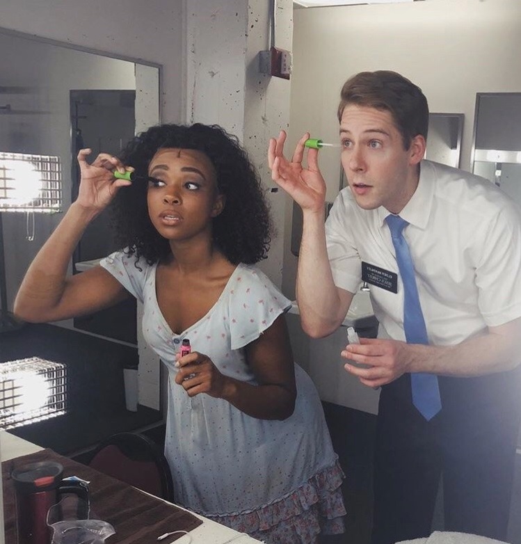Kayla Pecchioni and Andy Huntington Jones prepare for a performance of The Book of Mormon . Photo credit: orlando-reprise Tumblr.