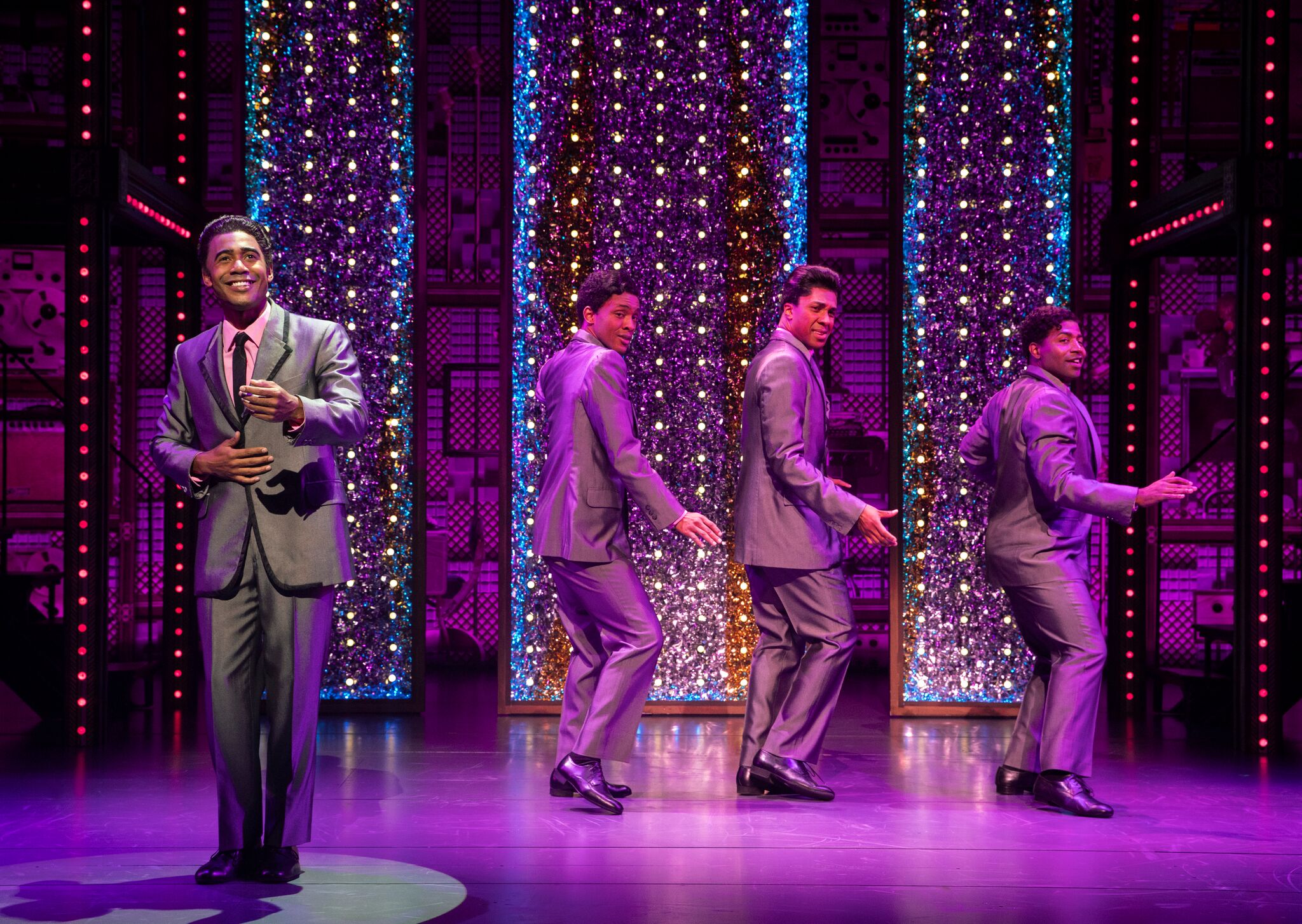 “The Drifters” played by (from left to right) Dimitri Joseph Moïse, Deon Releford-Lee, Nathan Andrew Riley and Michael Stiggers (no longer with the show). Photo credit: Joan Marcus