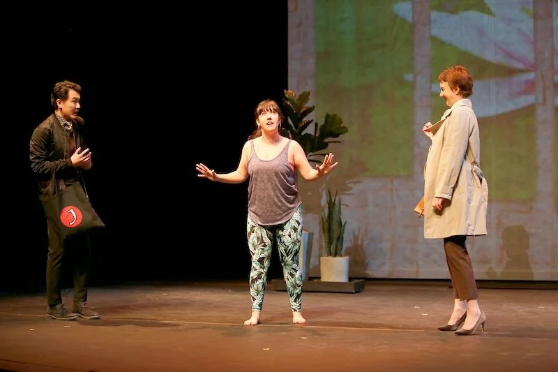 From left to right: Derek Chan, Christine Quintana, and Lois Anderson in Yoga Play. Photo credit: Tim Matheson